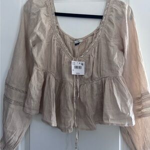 American Eagle Outfitters Light Beige Peasant Tie-Neck Tunic